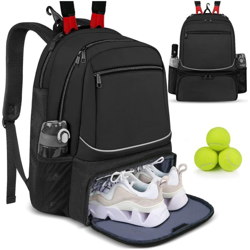 Badminton Player - กระเป๋าเป้สะพายหลังเทนนิสความจุขนาดใหญ่ กระเป๋าใส่ไม้เทนนิสสำหรับใส่ไม้เทนนิส 1-2 อัน กระเป๋าแบดมินตันกลางแจ้งพร้อมช่องใส่รองเท้า สีดำชมพู